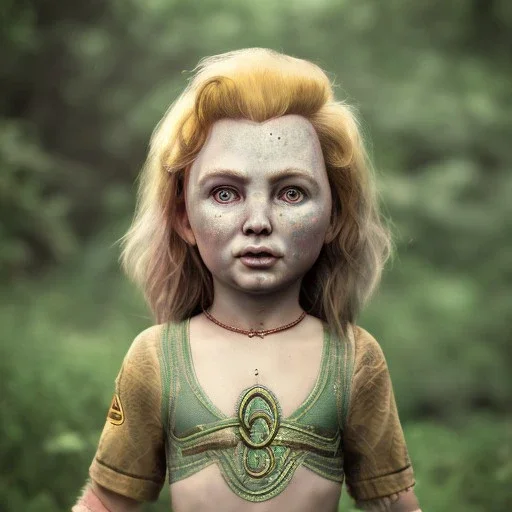 analog style, Celtic goddes, portrait, simmetric eyes, war ambient, chucky wearing outfit, ultra realistic photo