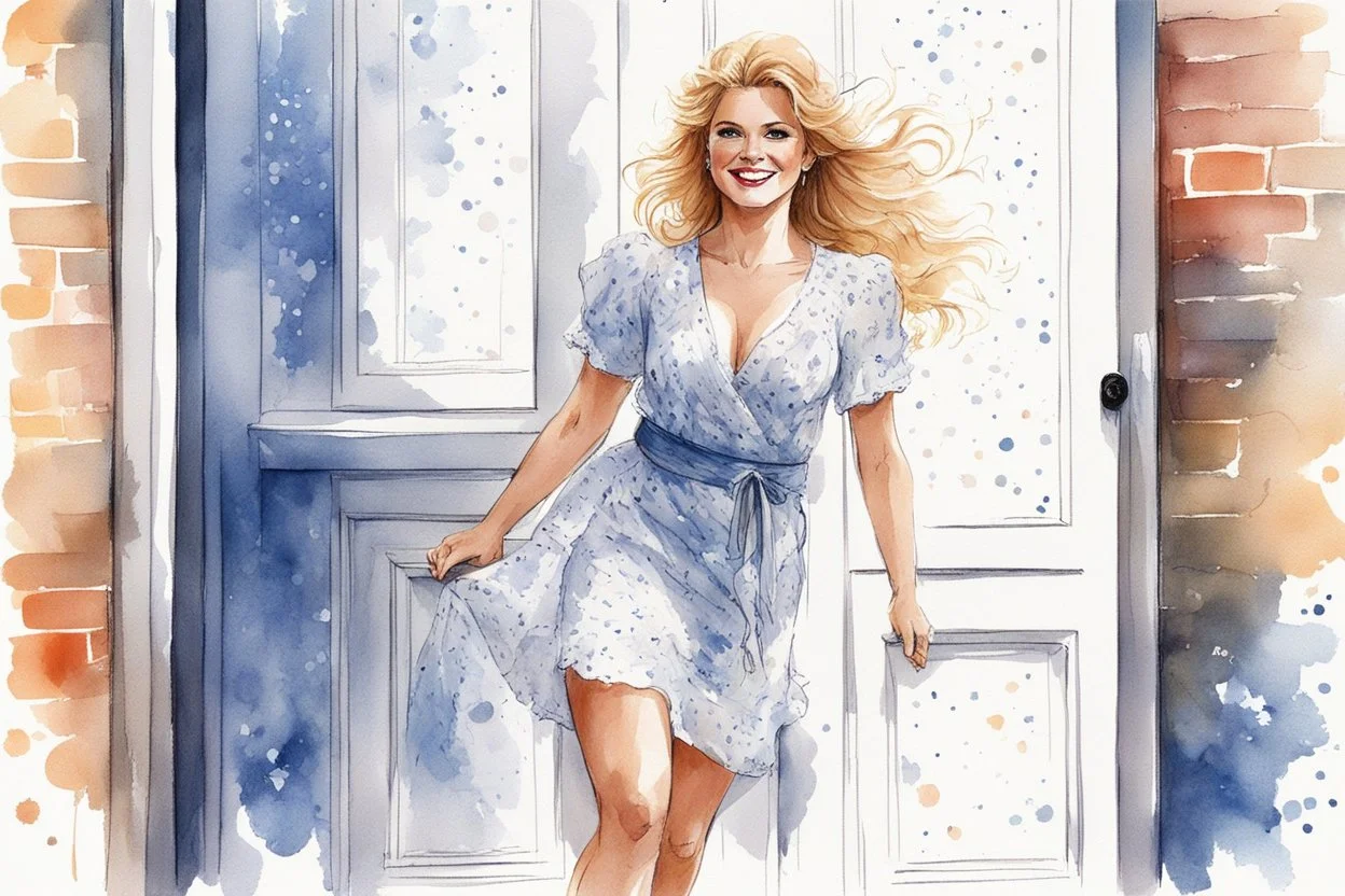 Open the door: young lady star Ginger Lynn in light dress stands on the doorstep with a smile [a chaotic pen sketch with a lot of strokes in stippling, aquarelle]