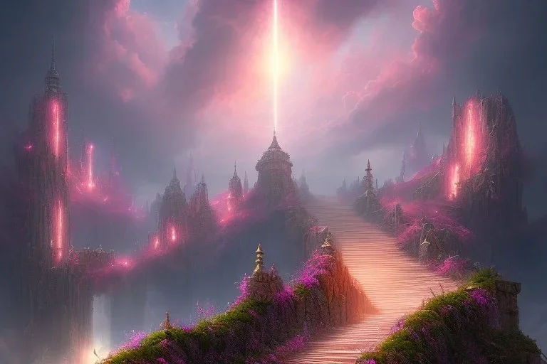 mystical long stairway up to heaven in the sky, atmospheric pink mist, beautiful colours, fine art, trending on artstation, masterpiece