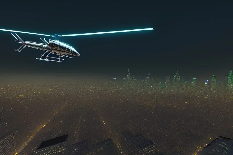 one black police helicopter flying over city buildings searching for suspect, oakland, downtown, helicoper has white spotlight flashing to the ground, night time , unity, scriptable render pipeline , green emission, cinematic lighting.