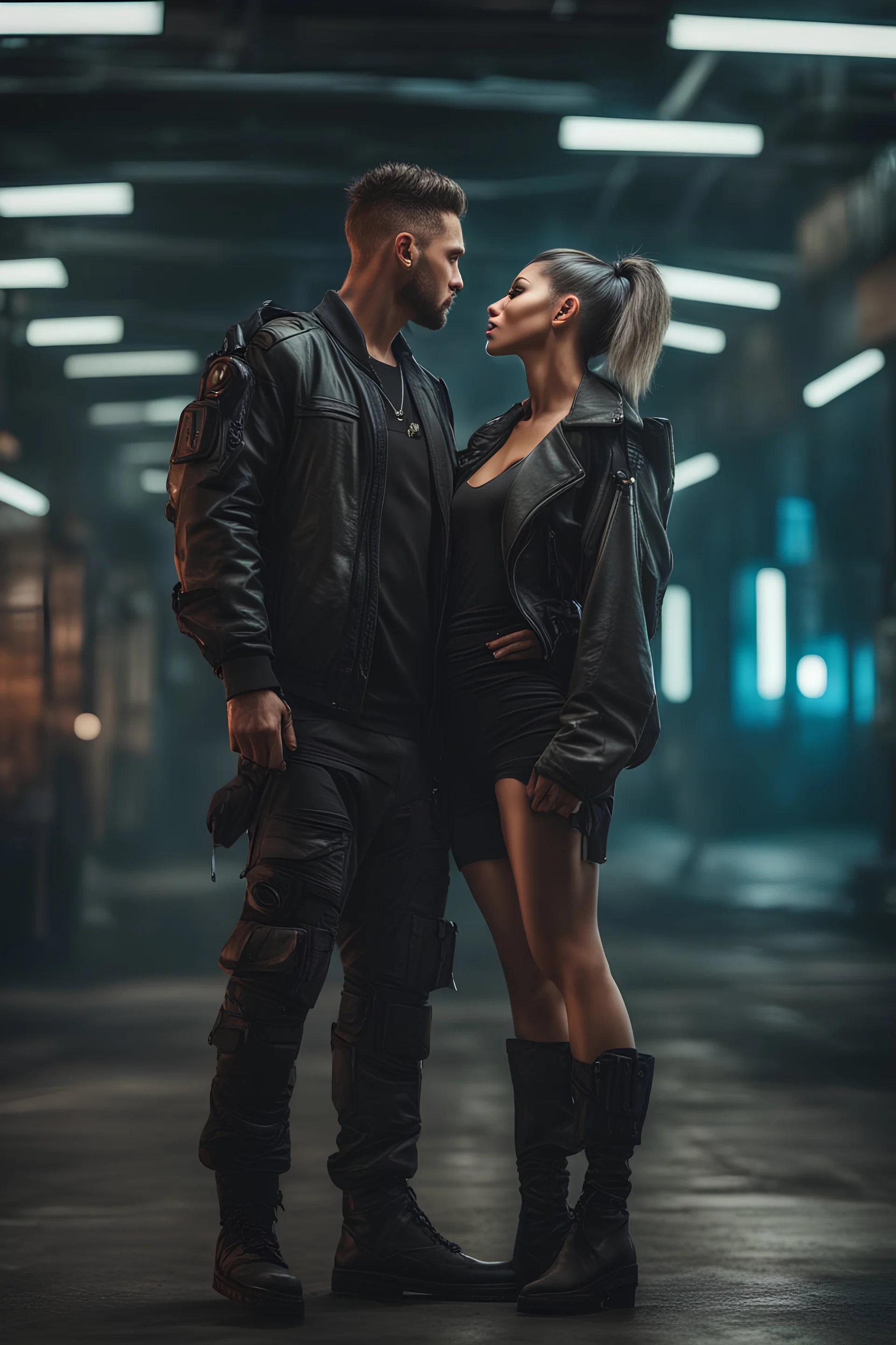 "Ultra realistic full body shot a Happy couple kiss concept, looking at the camera,full legs, cyberpunk, neo-figurative,concept ,full length view, face , full size, science, technology,future,electric ,futuristic style, design, practicality,manufacturability,performance, HOF, professional photographer, captured with professional DSLR camera, trending on Artstation, 64k, full size, ultra detailed, ultra accurate detailed, boke