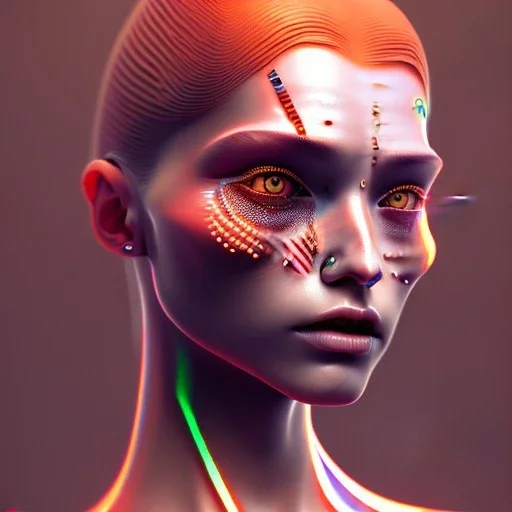 A beautiful portrait of a cute gelly cyberpunk woman happy, grain on the skin, tribal tatoos, orange color scheme, high key lighting, volumetric light high details with white stripe, blender 3D