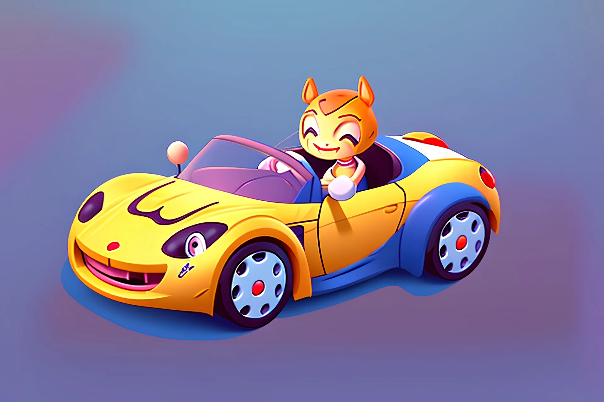 whimsical cartoony sports car with a small mascot character driving it