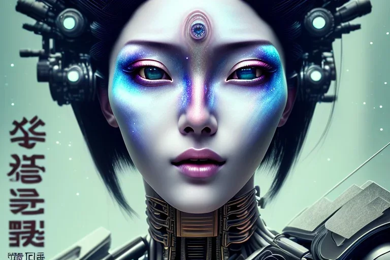 japan head portrait,geisha makeup, meditation, galaxy sky, 8k quality , portrait,beautiful ghost in the shell , post-apocalyptic in a sin city, realistic, intriacte detail, sci-fi fantasy style, volumetric lighting,24mm , particales,highly detailed,cinematic, deep purple , green eyes ., unity engine, bloom,cinematic lighting,blue tone, octane render,