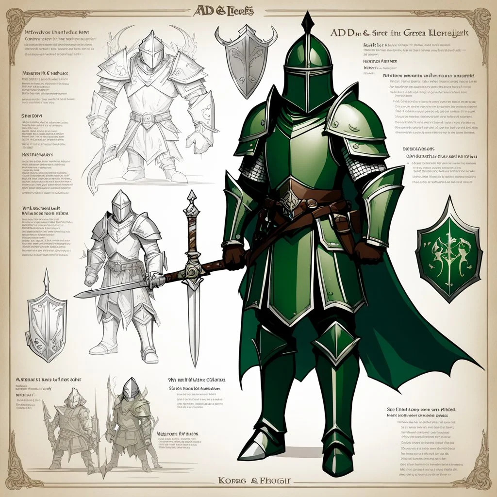 ConceptSheet for AD&D in the style of wii No More Heroes style with thick lines: the green knight Arthurian Lore Concept: helmet, armour, and weapons with their blueprint: sword, shield, helmet, plate, and all the package of a knight-errant