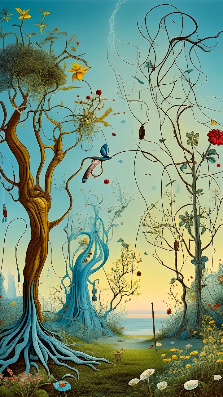 A garden of wired out of this world flowers and trees with light blue sky in Bosch painting style and Dali