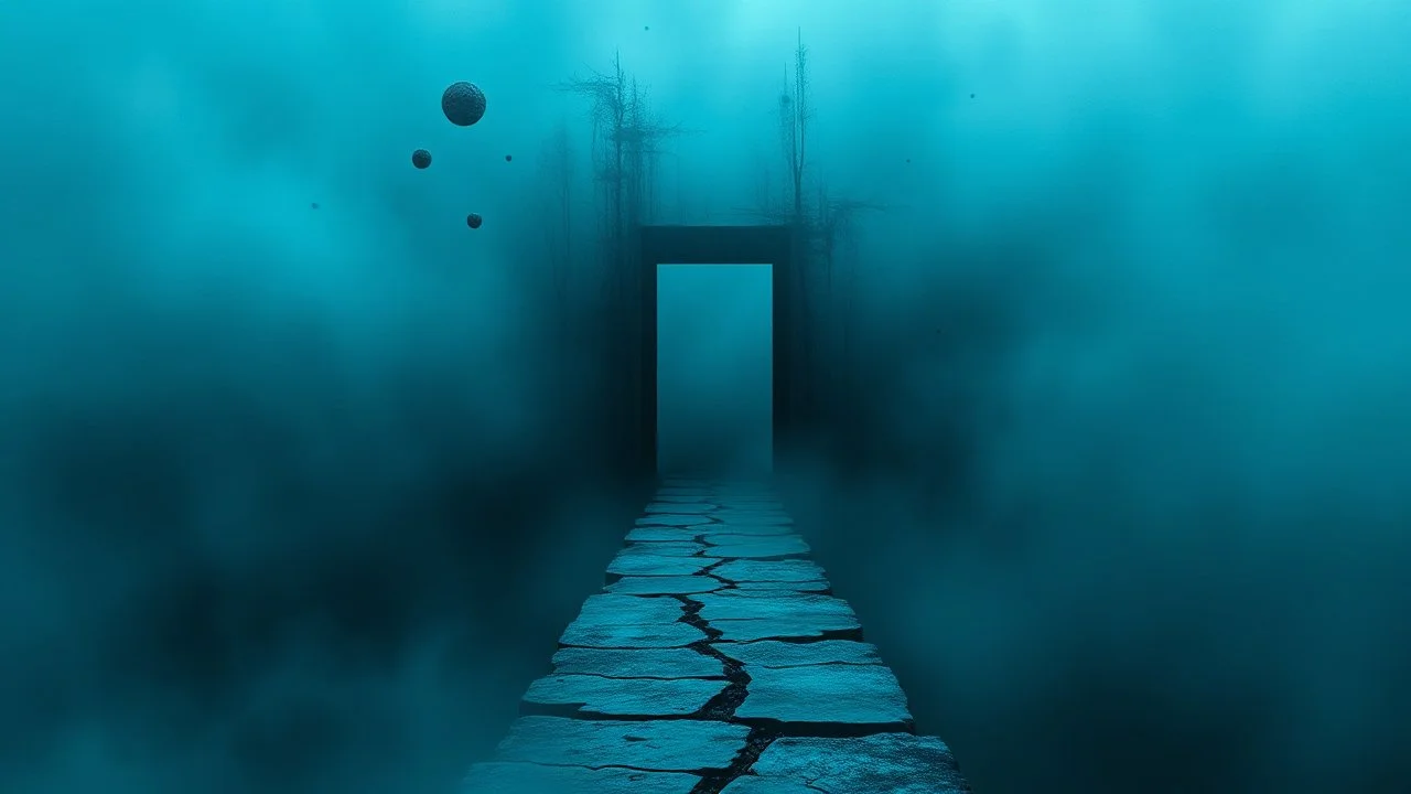 passage over nothingness, surreal, dark and cold abstract artwork dominated by deep blue, icy cyan, charcoal black and muted steel-grey tones. An narrow passageway emerges from an abstract distorted weird landscape, surrounded by thick fog and drifting mist. The space feels nightmare, alien and unsettling, with tiny floating circles and lines geometric forms, black onix column fragmented and unnatural perspectives. At the center of the composition cracked stone way over abyss