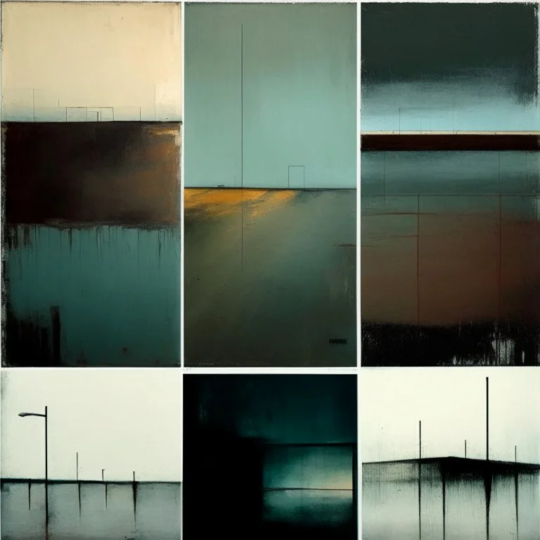 Minimal abstract oil paintings of a desolate concrete 1960s carpark. Road with distant Blurry lights. On the floor are concrete fragments and road markings . In the dark mysterious style of Justin Mortimer and Francis Bacon.