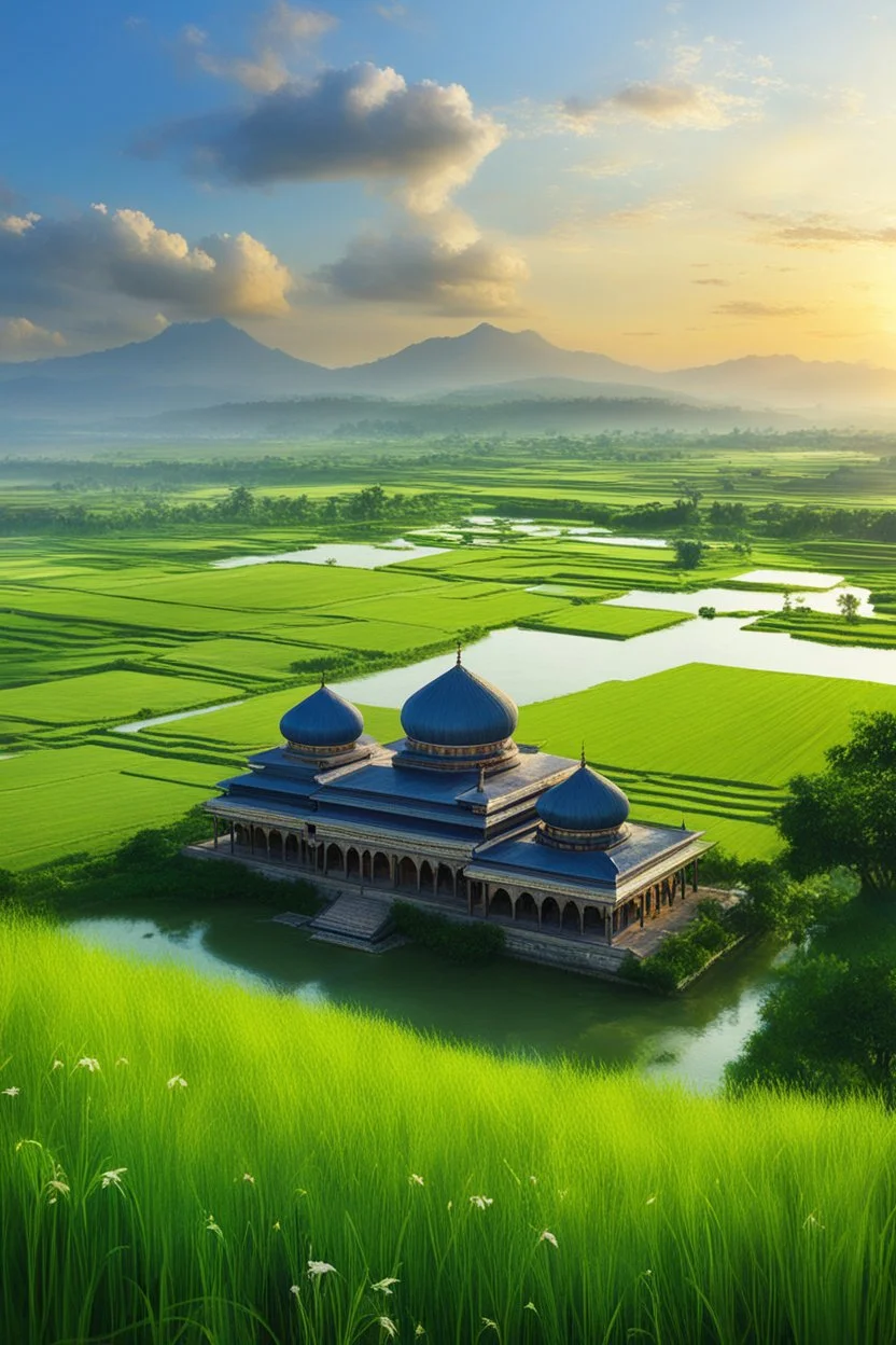 Beautiful Digital Painting art Landscape islamic Mosque,surrounded rice paddy fields, photoshoot fromfar