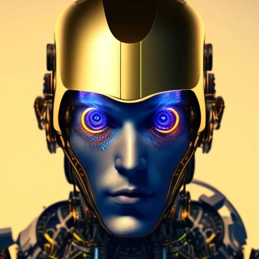 A beautiful portrait of a cyborg man with golden eyes, high key lighting, volumetric light high details psychedelic background