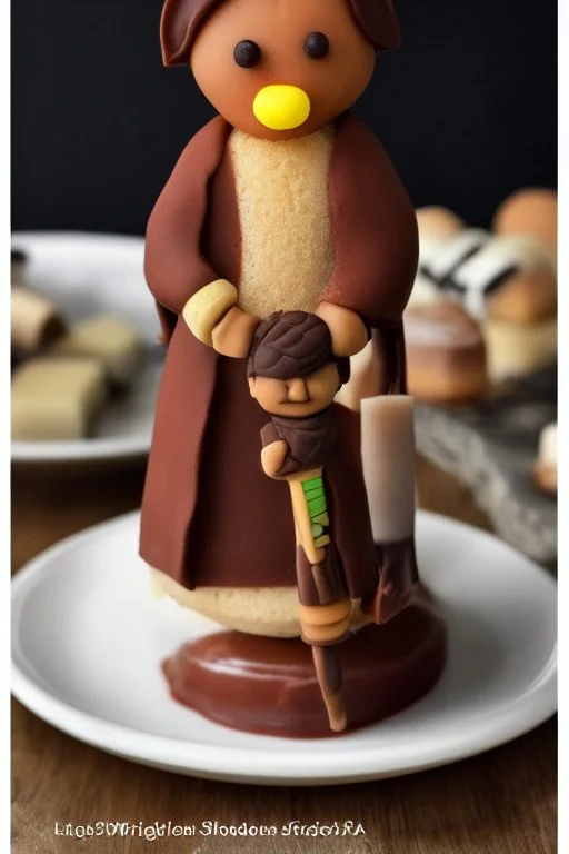 sponge cake filled with chocolate topped with a marzipan Jedi holding a lightsaber