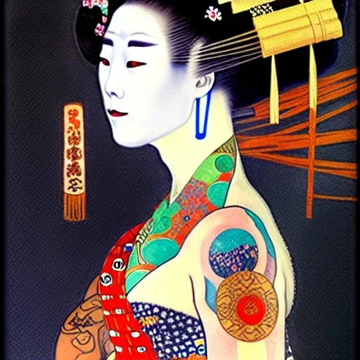 dibujo al oleo de cuerpo entero de una Geisha con tatuajes estilo Gustav Klimt