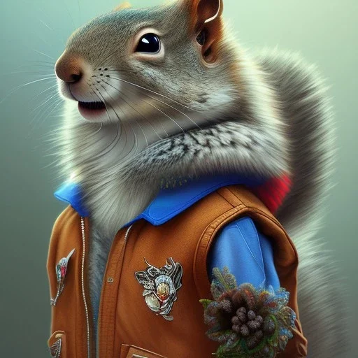  highly detailed and realistic squirrel member wearing a vest and a bandana riding a chopper, high detail, realism, vibrant colours, graffiti accents, complementary colours, splash art, perfect composition, beautiful detailed intricate insanely detailed octane render trending on artstation, 8 k artistic photography, photorealistic concept art, soft natural volumetric cinematic perfect light, chiaroscuro, award - winning photograph, masterpiece, oil on canvas, raphael, caravaggio, greg rutko