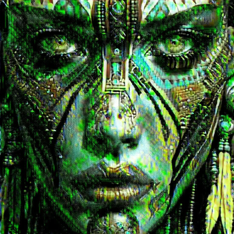 a close up of an Amazon tribe woman with a white red yellow blue green and brown face paint, exotic style, exotic, cybernetic faces, of a futuristic woman selk'nam, beautiful biomechanical djinn, intricate beautiful faces, intricate cyberpunk make - up, stunning digital art, cybernetic machine female face, amazing digital art, gorgeous digital art