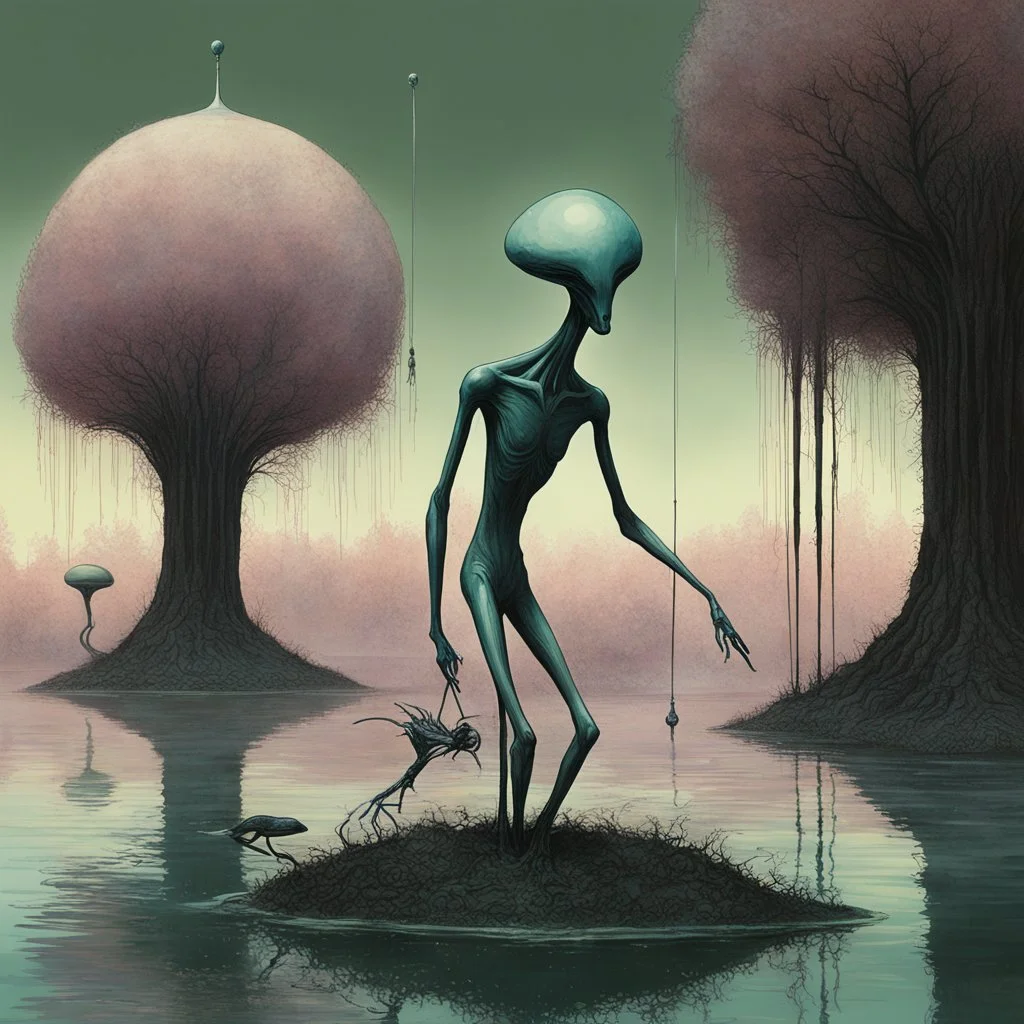 Surreal water faucet trees, minimal strange landscape of long legged alien-like cryptids gently tending the fauna, surrealism, by Kay Nielson, by Salvador Dali, by Jeremy Mann, sinister, weirdland, sharp colors.