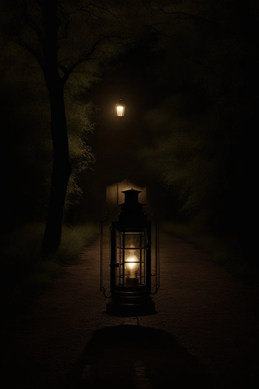 Night, lantern, square bench, dirt roads, trees, gothic horror films influence, creepy, photography