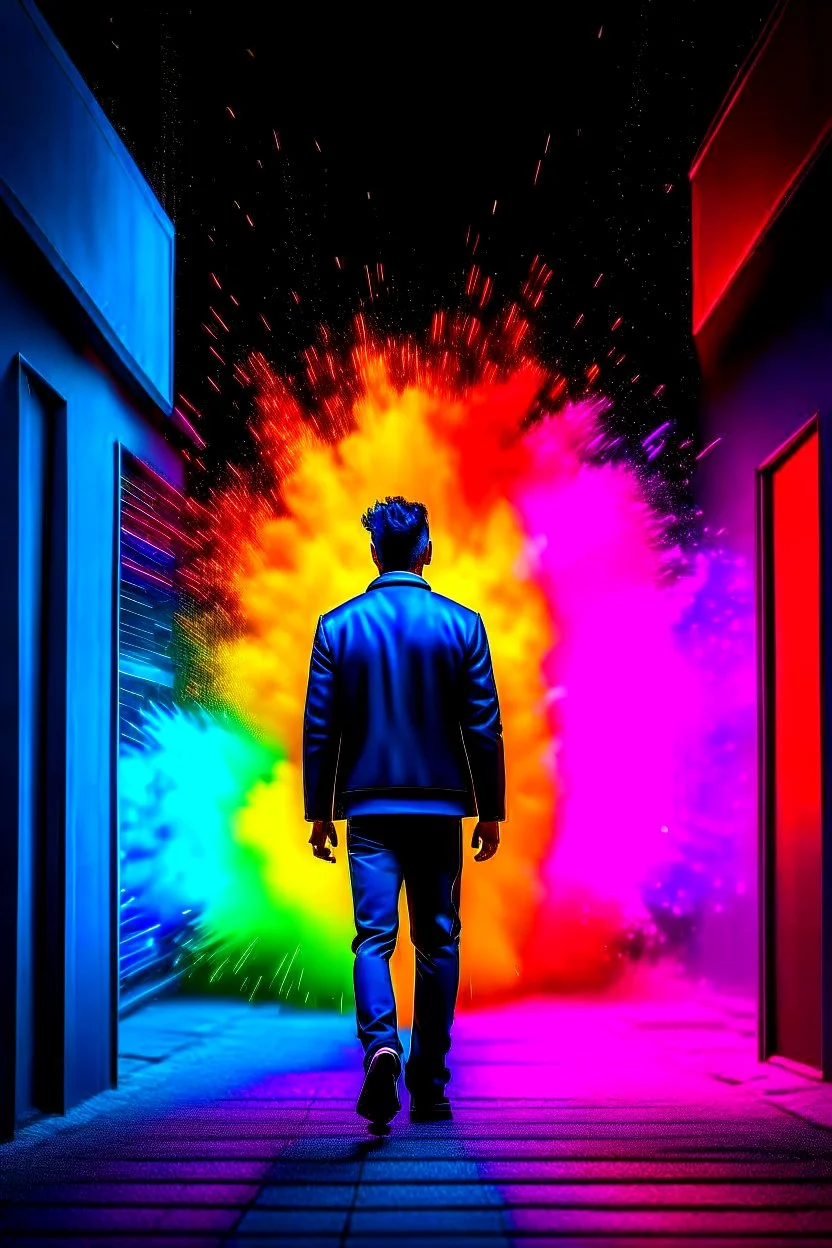 Young man walking away from a building that is exploding at night, with coloured auras all around him