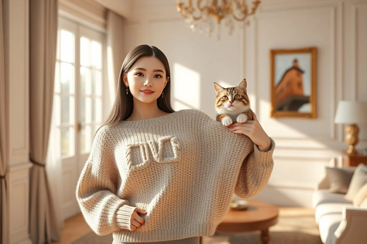 3D characters, sign "LOVE" on a knitted pullover, photorealistic portrait of an elegant pretty young woman shows off a knitted sweater in an elegant beige-white-brown room S<AI in sunshine, cute tabby cat