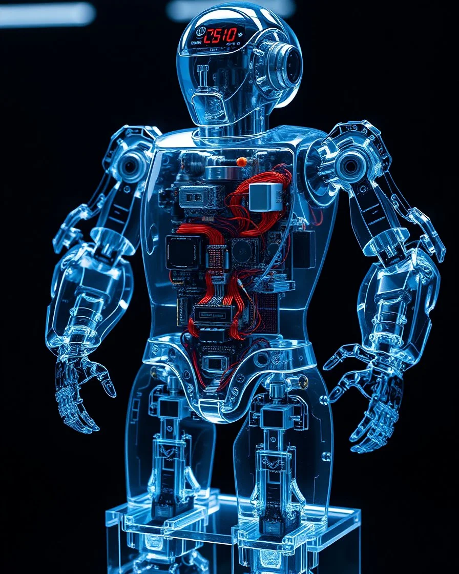 full body Robotic made full body by super transparent clear glass for exploring inside body machines digital electronics,digital watch,components,cables,inside details