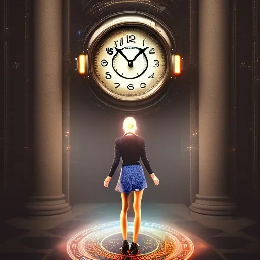 a girl stepping into a big clock portal, a clock as a time travel machine, glowing, luminescent, realistic, intricately detailed, meticulously detailed