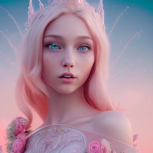 in front of a pink castle, a cheerful fairy, big smile, pink, blonde hair, beautiful, whole face, whole top hair head, wide open blue eyes, transparent wings onn the back, hyperrealism, masterpiece, expert, cinematic lighting, sharp focus, 8K, pastel, macro lens, woman, detailed, flower