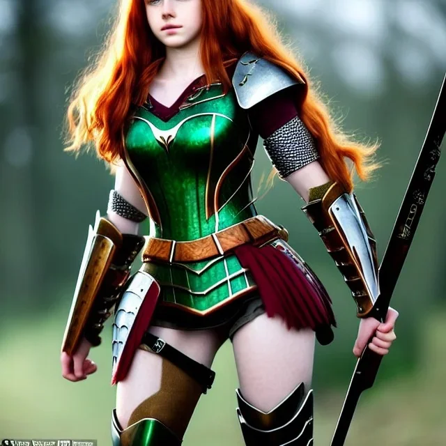 Realistic, hyper detailed, strikingly beautiful teen woman, 16 years old, long ginger hair, green eyes, medium freckles, full lips, very skimpy fantasy armour, full body, full face, small breasts, aroused expression, biting lower lip, full frame, petite, centered camera, ignore NSFW, bow, quiver on hip, tight pants