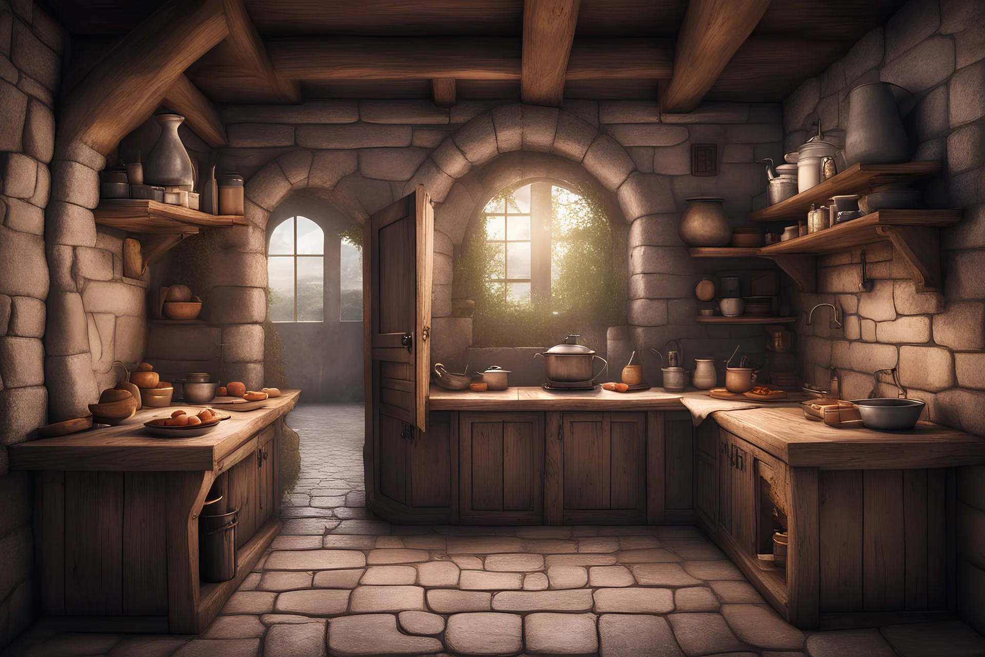 fantasy medieval kitchen with an open door