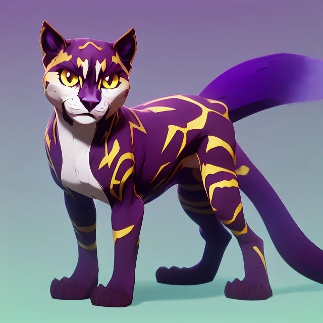 An electric type, Cheetah inspired cat-like pokemon. Lightning bolt shaped whiskers. Yellow and white fur coverd with blotchy black spots. purple eyes