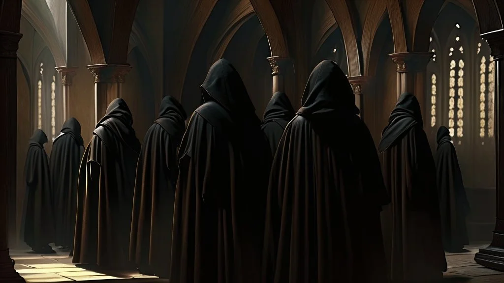 black robe hooded monks in the chapel