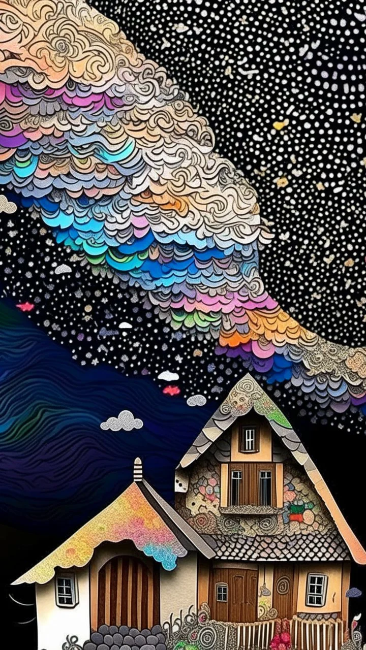 "Midnight Serenade unique" low view angle shot down rainbow sky , large close up a beautiful house by the lak, granite terrazzo motifs with puzzle modern , clothing is decorated with colorful filigree abstract, Collage chutes papiers magazines,Spirograph background by Nisa Kiley, Textile Artist،