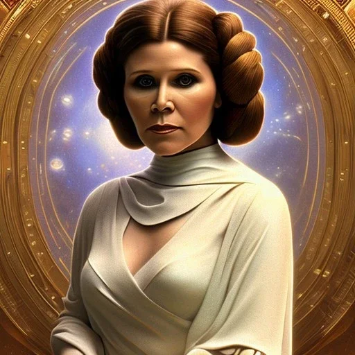 hyperspace background, complete and photo realistic detailed head to waist stunning photo realistic portrait of carrie fisher as Princess Leia in star wars with photo realistic updo hair by Mandy Jurgens and mucha and Richard Schmid and chuck close and chie yoshii, extraordinary and detailed ceremony dress of star wars,brown eyes