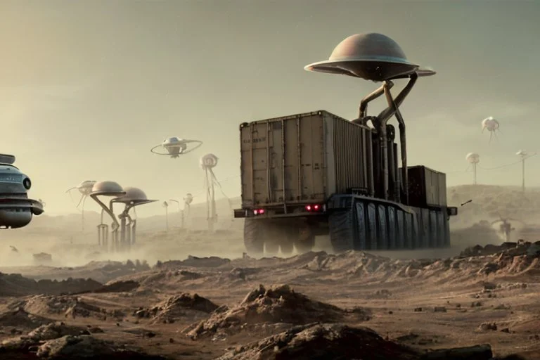 A Tesla 'Semi' (semi truck) is parked, in the battle against Martians of "The War of the Worlds". (CINEMATIC, WIDE ANGLE LENS, PHOTO REAL)