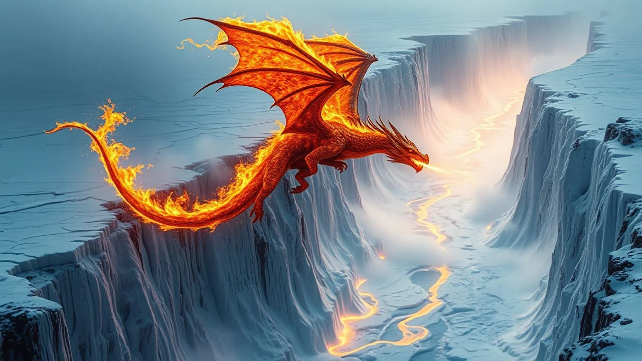 A dragon made of living fire soaring over an endless ice canyon, melting the ice below and creating rivers of steam as it passes. Photographic quality and detail, award-winning image, beautiful composition.