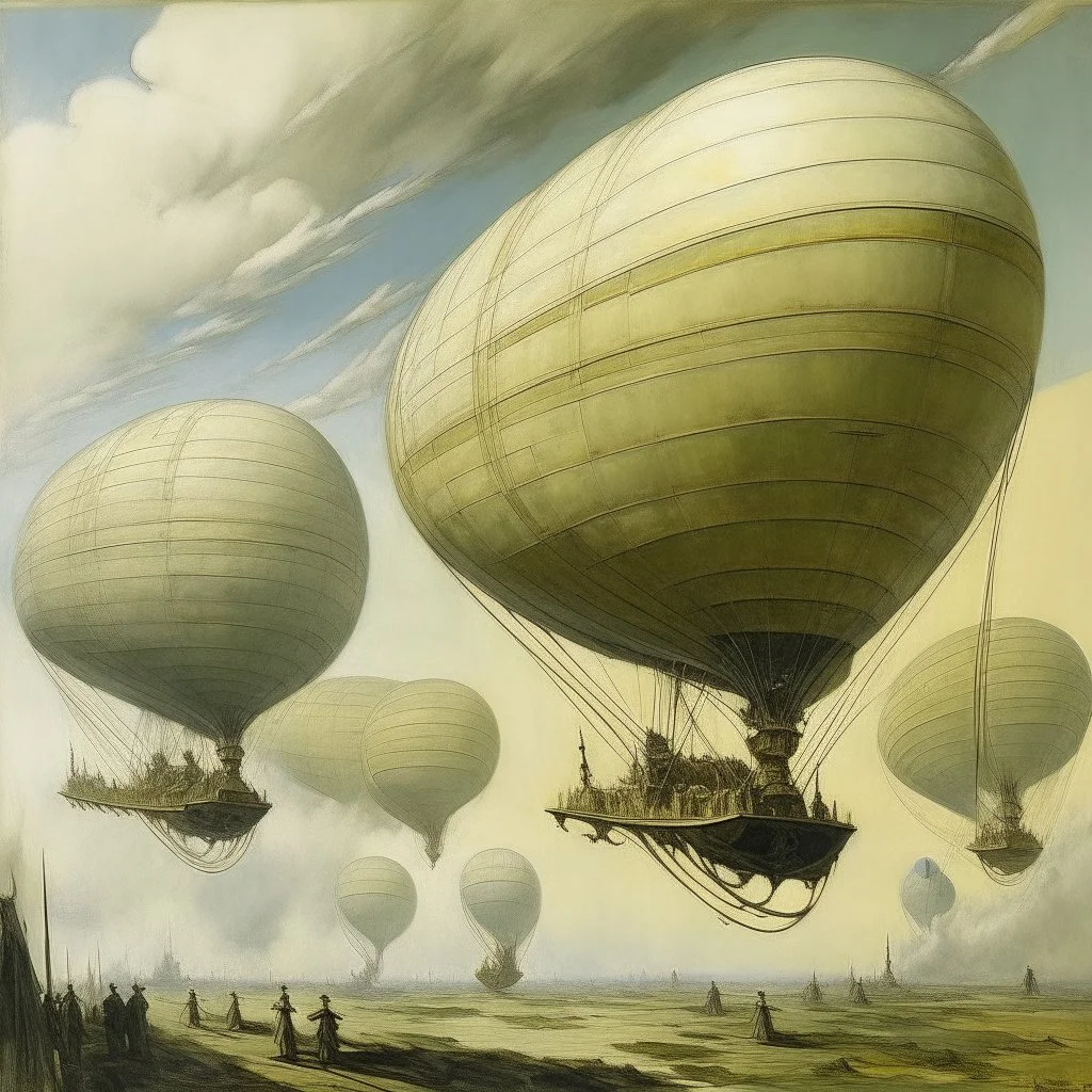 A white sky filled with airships painted by Vincent van Gogh