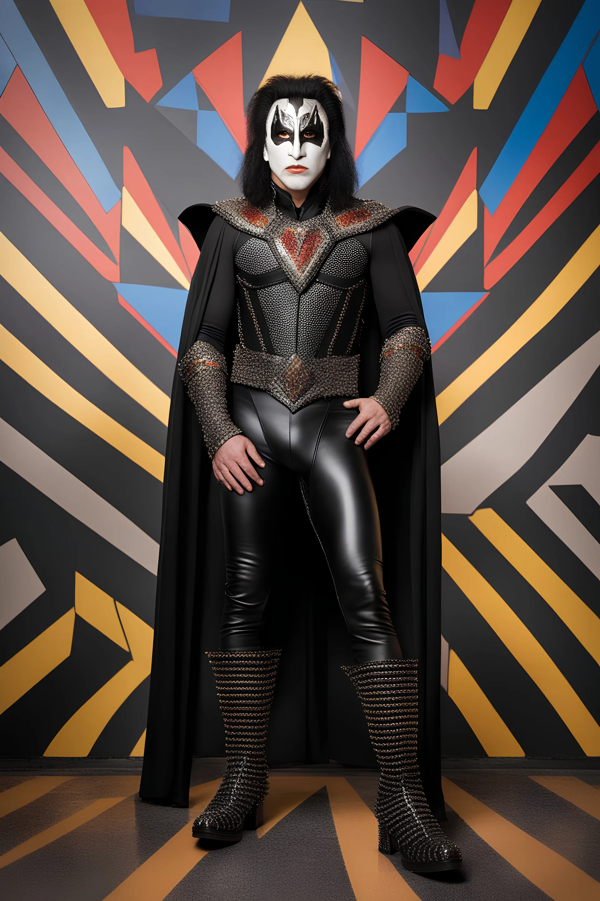 text 'KISS' - head and shoulders portrait, KISS 20-year-old Gene Simmons, black spandex, chrome shoulder and chest armor, black batwing cape, studded codpiece, 8-inch platform boots, bun on top of head, - a multicolored cement wall in the background,