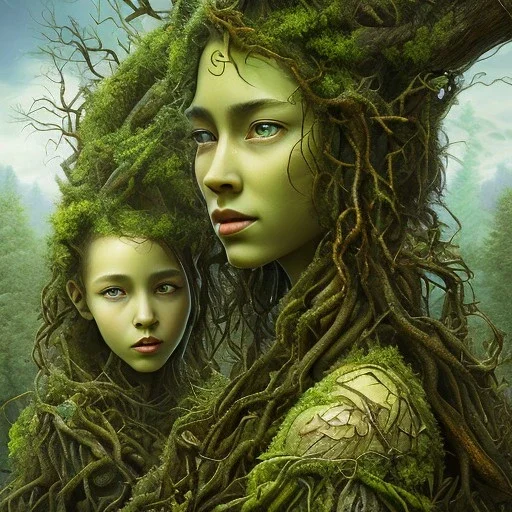 Painting .three women. A mother. Two daughter. Twins. A mother with her children the faces of three young black women. wood nymphs emerging from the forest. Her hair looks like vines. Dreadlocs. Her skin is the colour of dark soil. Her skin looks like tree bark. Her clothing is made of vines, grass and leaves.