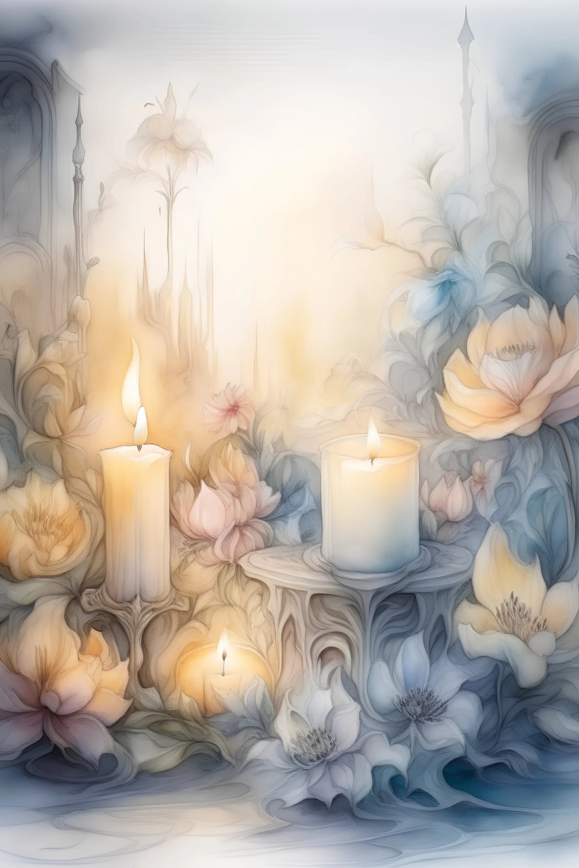 magic Watercolor, color, flowers, candles, purification from ghosts, subtle black ink drawing, several landscapes, collage, fog, many details,delicate sensuality, realistic, high quality,3d, work of art, hyperdetalization, professionally, filigree, hazy haze, hyperrealism, professionally, transparent, delicate pastel tones, backlight from behind, contrast, fantastic, fabulous, unreal, translucent, glowing,clear lines, horror,epic, hyperrealism.