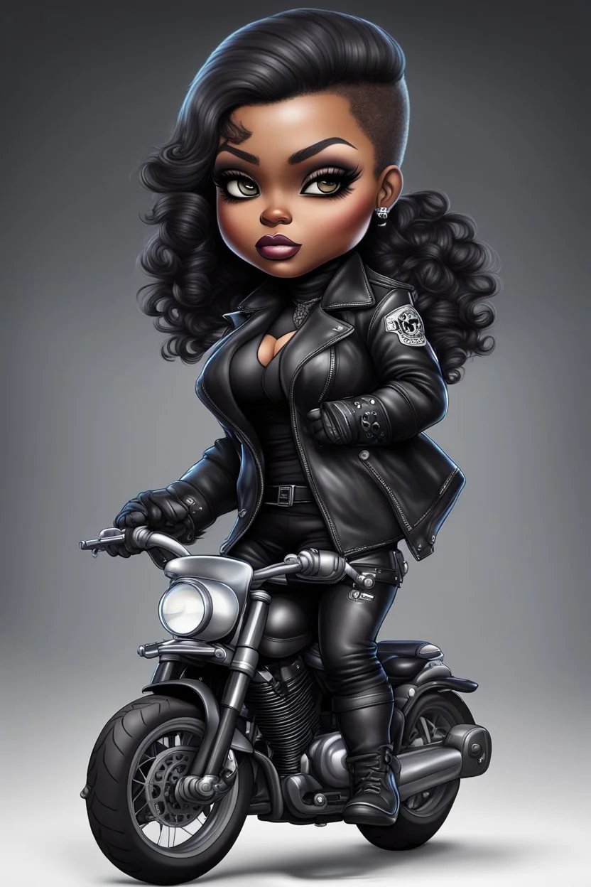 Create an airbrush image of a chibi curvy black female wearing a biker's coat and boots with black tights. Prominent make up with hazel eyes. She is sitting on a big Harley Davidson motorcycle at a bike show.