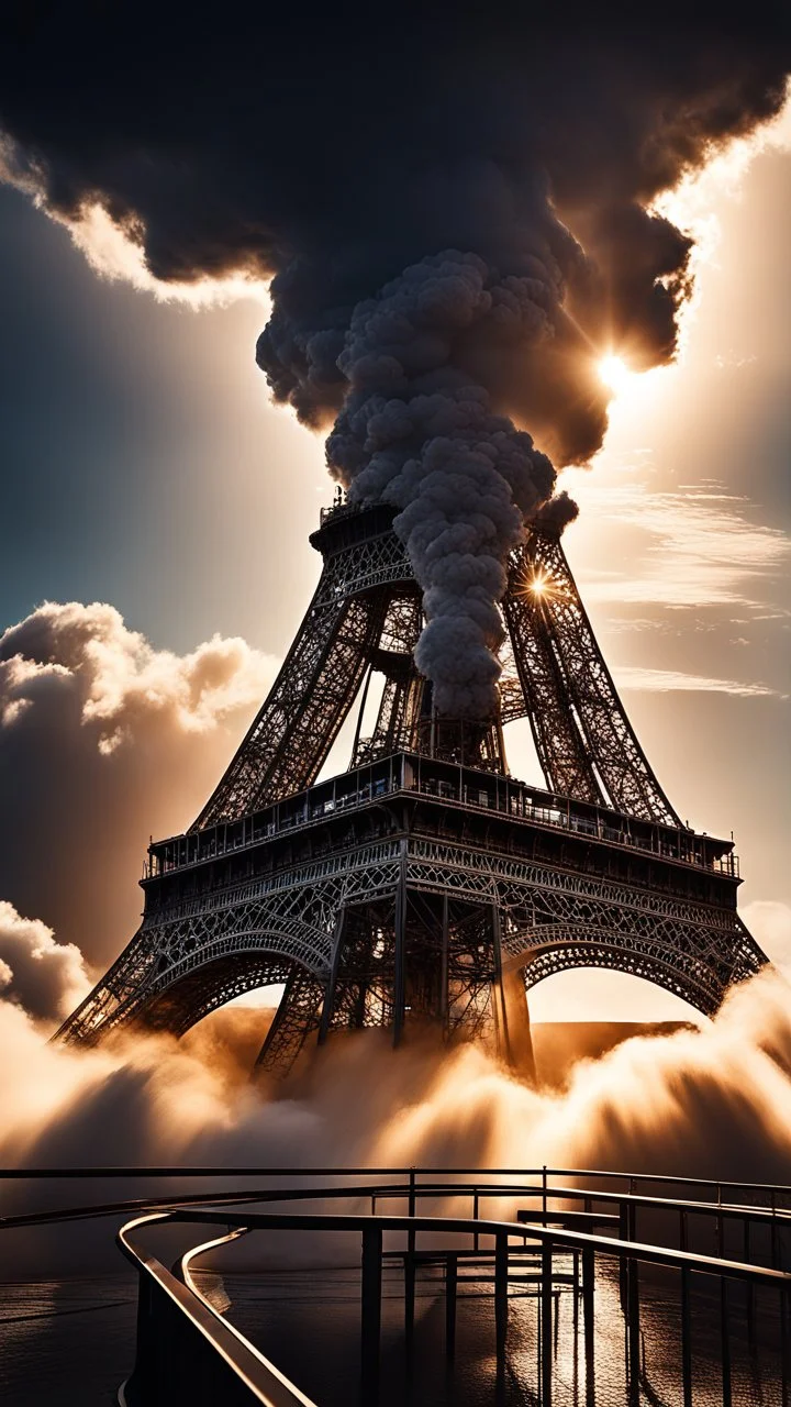 A huge the world “ Sa “above swirling clouds, emerges from the heart of a raging storm. Turbulent winds of steam swirl around the iconic structure, lit by shafts of sunlight that cast dramatic shadows on the A beautiful sun , High quality 16k cinematic scene and great photography