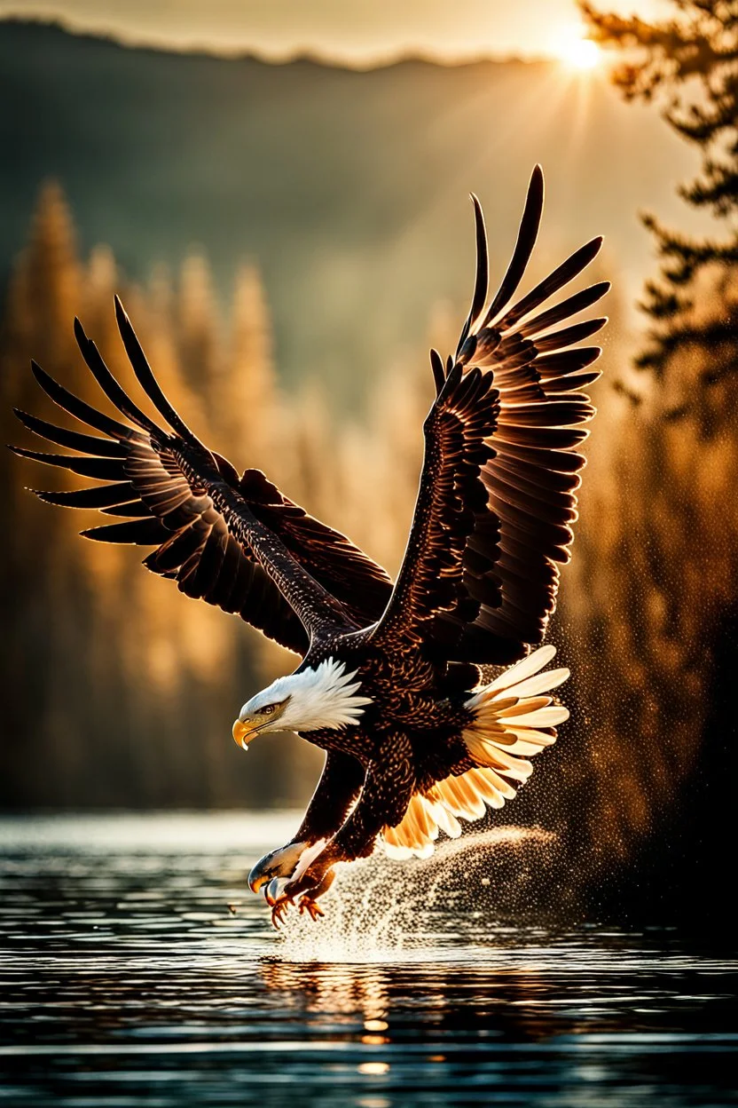 An image capturing a majestic eagle in flight, gripping a large fish in its talons as it soars above a winding river. The sunlight glistens on the water below, and the eagle's powerful wings spread wide against the sky. The scene showcases the eagle's incredible hunting prowess and the dynamic beauty of the natural world.