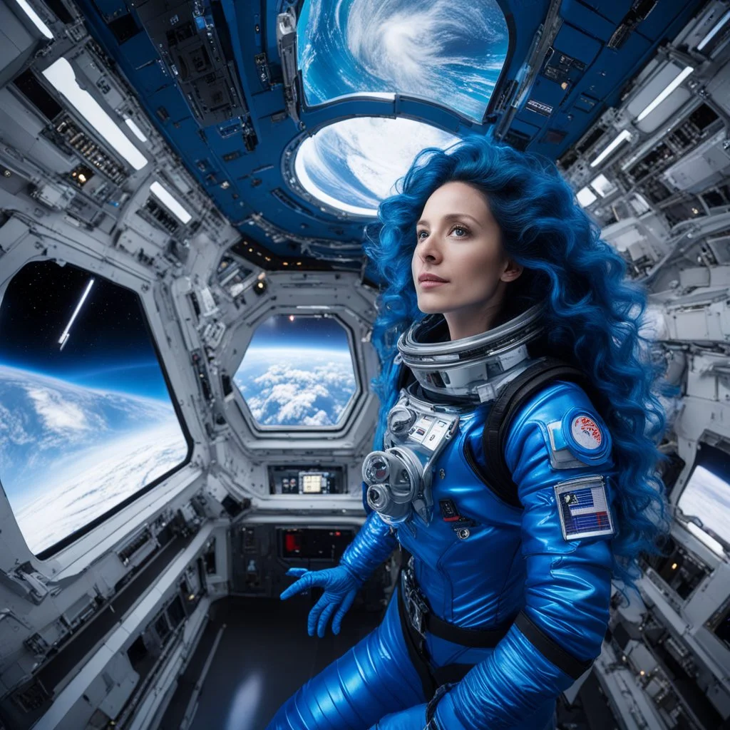 wide-angle photo of a woman in an electric blue spacesuit, with long glowing blue wavy hair, on a space station with views into space