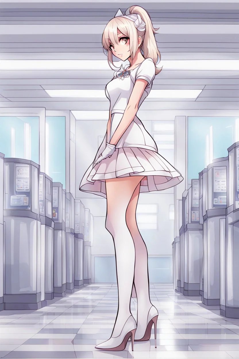 (full body:1.5)，(1girl:1.3),(view the viewer:1.4)，(anatomy correct:1.4),(Opaque pantyhose and pointed thick heels :1.3),(Dancing in the hospital:1.2),(Wearing a vanilla ice color sleeves mini dress :1.2),(Extra Long blonde Hair:1.2),(Accurate and perfect face:1.3),(Long legs and big feet:1.3),hyper HD, Ray traching, reflective light， structurally correct, Award-Awarded, high detail, lighten shade contrast, Face lighting ，cinematic lighting, masterpiece, super detailing, high quality, high detail