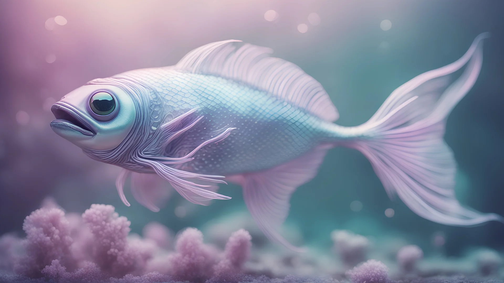 A shimmering silvery alien creature resembling a fish, its unique features captured in a pastel tones analog photograph. The image evokes a sense of nostalgia and otherworldly beauty, with delicate hues blending seamlessly to create a dreamlike atmosphere. The alien's iridescent scales reflect soft shades of lavender and mint, giving it an ethereal appearance. Each intricate detail is meticulously preserved in the high-quality image, allowing viewers to marvel at the creature's mysterious allure