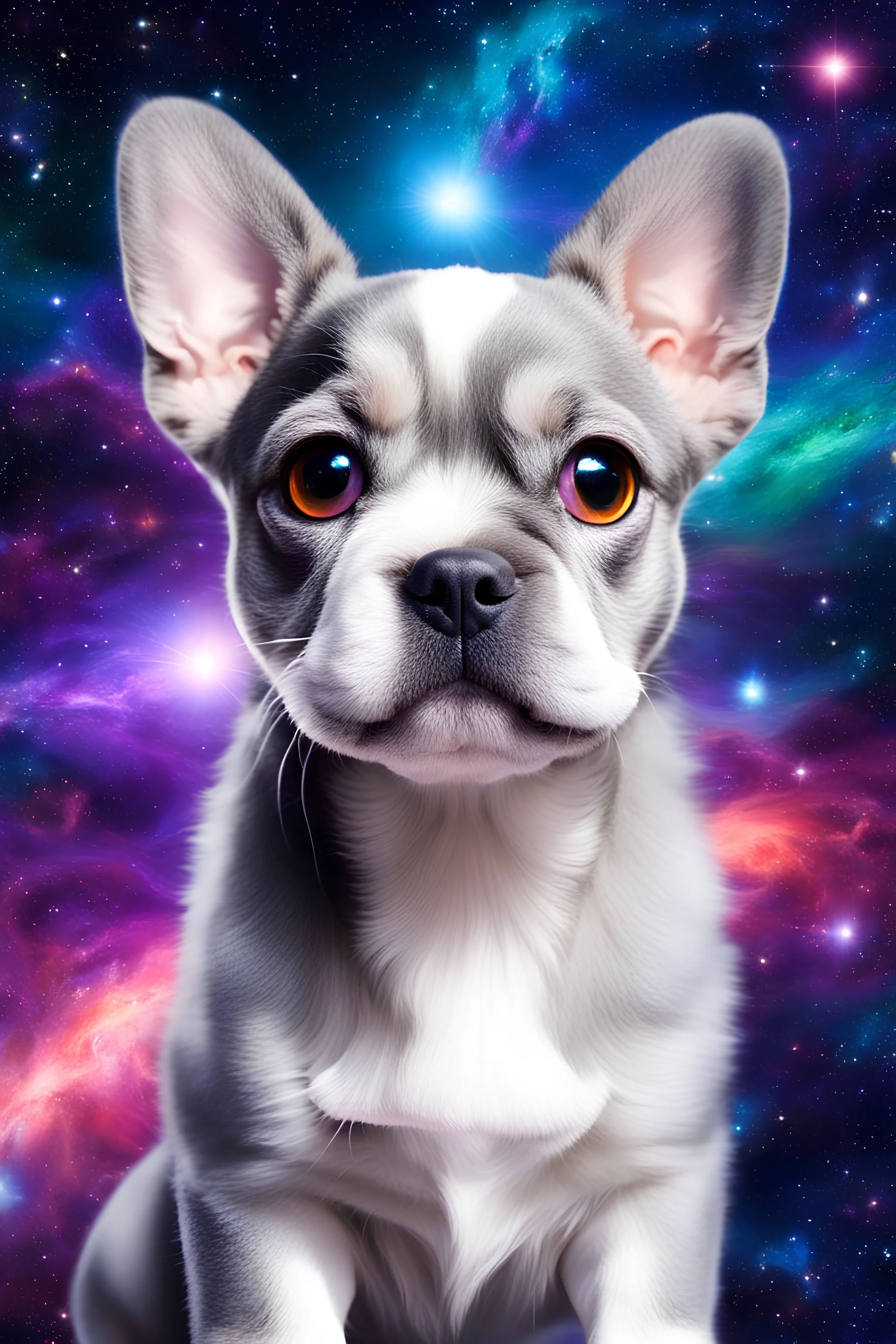 extra large eyed happy puppy grey frenchton in the distance a colorful intricate HEART shaped planet similar to earth in a brig ażht nebula. sparkles. Cinematic lighting,vast distances, swirl. fairies. magical DARKNESS. SHARP. EXTREME DEPTH. jellyfish, cinematic eye view