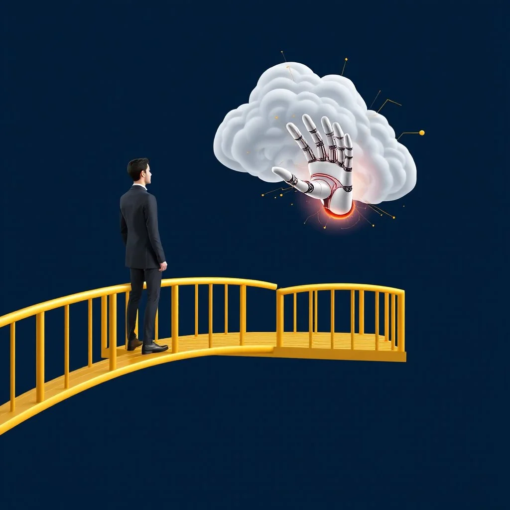 3D stylized digital art, dark blue background. A man in a dark suit stands on the side of a bridge made of golden bars. The bridge arches over a dark blue void, leading towards a large, dynamic, energetic, swirling cloud that represents the AI. A (((Cyborg's hand))) emerges from the cloud extending towards the man and beckons him with a welcoming gesture. The determined man looks at the hand with anticipation and hope. Clean and modern overall design, contrasting colors and dynamic lines