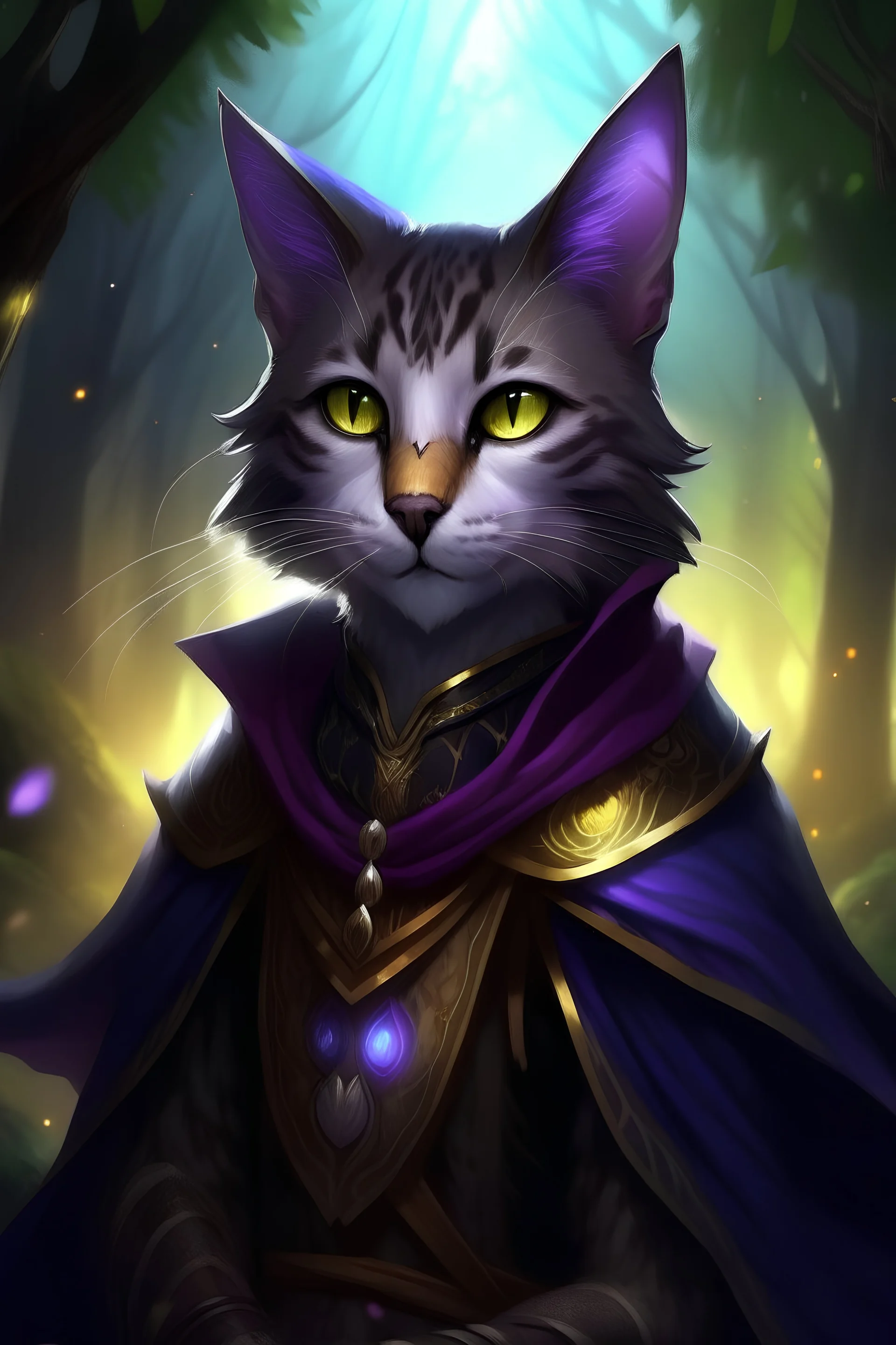 Beautiful D&D character, female tabaxi warlock, smooth face with no designs on face, add more fur to the face, mostly black fur on face w/ a white mouth, colorful fantasy, detailed, realistic face, digital portrait, intricate cloak black trimmed with silver and purple, background is nighttime forest scene with mist, fiverr dnd character, wlop, stanley artgerm lau, ilya kuvshinov, artstation, HD, octane render, hyperrealism