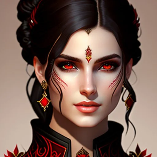 A headshot of a (((young woman with waist-length brown hair and pale skin))), featuring a (((fantasy setting))) with a dark color palette, including ((black)) and (((red))), with details like intricate patterns and ornate designs. She's dressed in sleek, (((leather))) garb, with (((red eyes))), a (((smirk))) that exudes both confidence and arrogance, evil, powerful