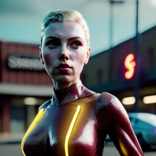 Ultra Realistic retro sci-fi movie Supermarket parking people scene, 1960 year, waist up view portrait, 1 blonde women and 1 octopus alien, sweet scarlet Johansson face, perfect iris, glow eyes, face makeup, tight latex coat. many people looking, Retro sci-fi style, soft color, highly detailed, unreal engine 5, ray tracing, RTX, lumen lighting, ultra detail, volumetric lighting, 3d, finely drawn, high definition, high resolution.