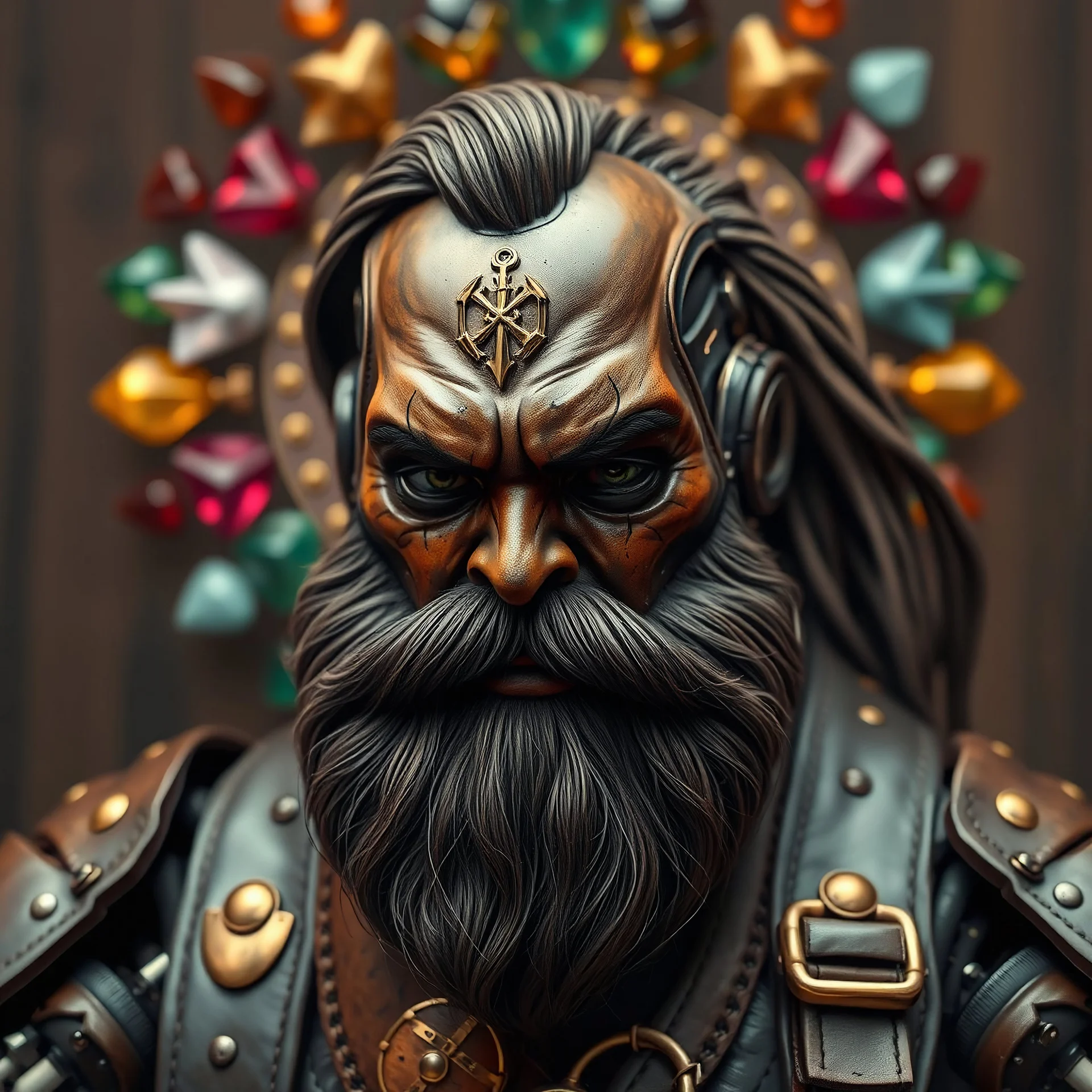 Portrait of a brutal robot with a beard. He sits half-sideways and looks into the frame from under his forehead. In a pirate style, leather, wood, gold. In the background, a hovering circle of multi-colored, precious stones.