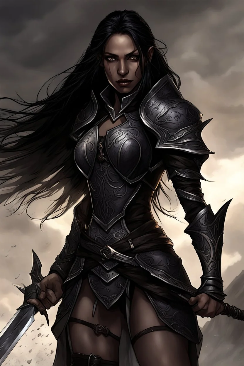 SA female elf with skin the color of storm clouds, deep grey, stands ready for battle. Her long black hair flows behind her like a shadow, while her eyes gleam with a fierce silver light. Despite the grim set of her mouth, there's a undeniable beauty in her fierce countenance. She's been in a fight, evidenced by the ragged state of her leather armor and the red cape that's seen better days, edges frayed and torn. In her hands, she grips two daggers, add dark shadow mystic purple flames